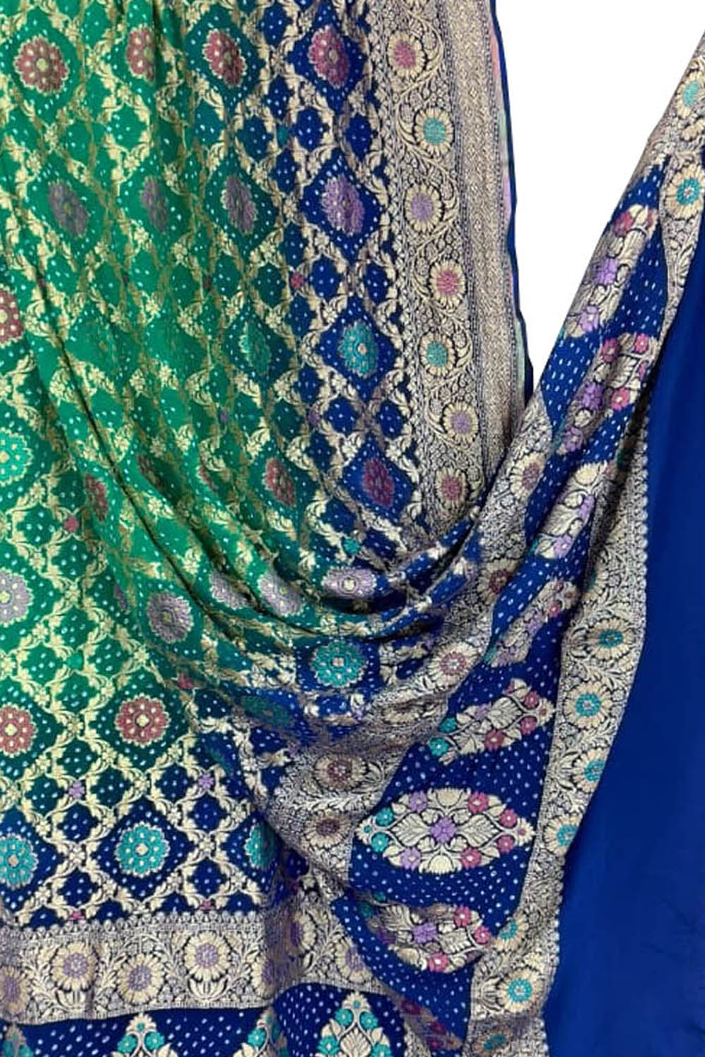 Green And Blue Pure Georgette Bandhani Neem Zari Dupatta