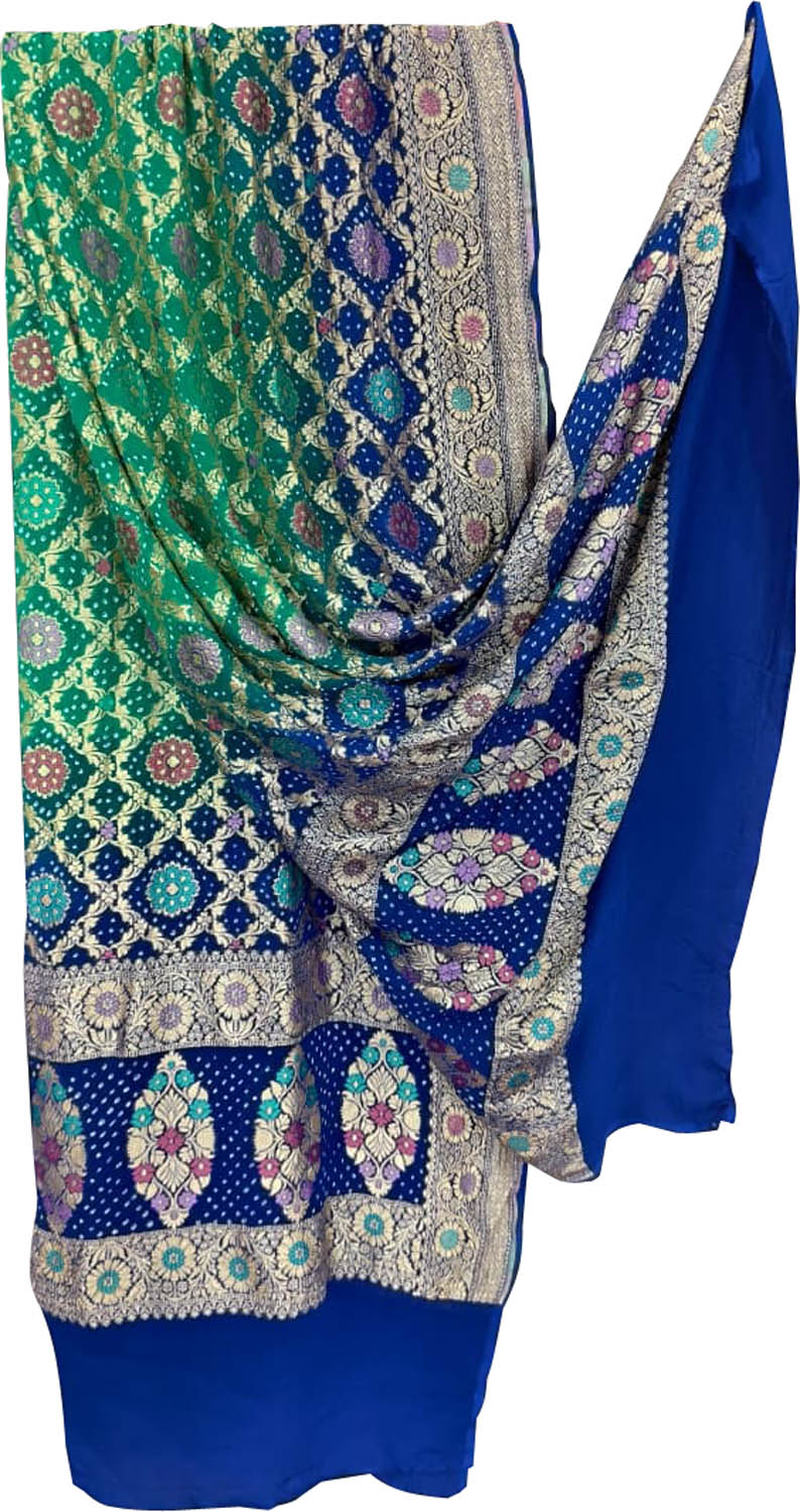 Green And Blue Pure Georgette Bandhani Neem Zari Dupatta