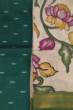Green And Off White Kalamkari Hand Painted Raw Silk Suit With Chennur Silk Dupatta
