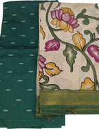 Green And Off White Kalamkari Hand Painted Raw Silk Suit With Chennur Silk Dupatta