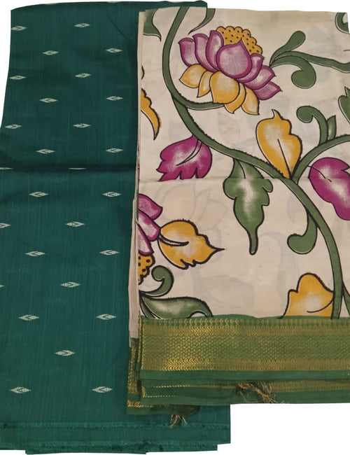 Green And Off White Kalamkari Hand Painted Raw Silk Suit With Chennur Silk Dupatta