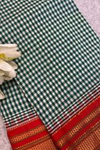 Green and Red Ilkal Silk Temple Border Checks Saree