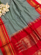 Green and Red Ilkal Silk Temple Border Checks Saree