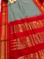 Green and Red Ilkal Silk Temple Border Checks Saree