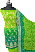 Green Banarasi Bandhani Georgette Meenakari Rai Bandhej Three Piece Suit Festive