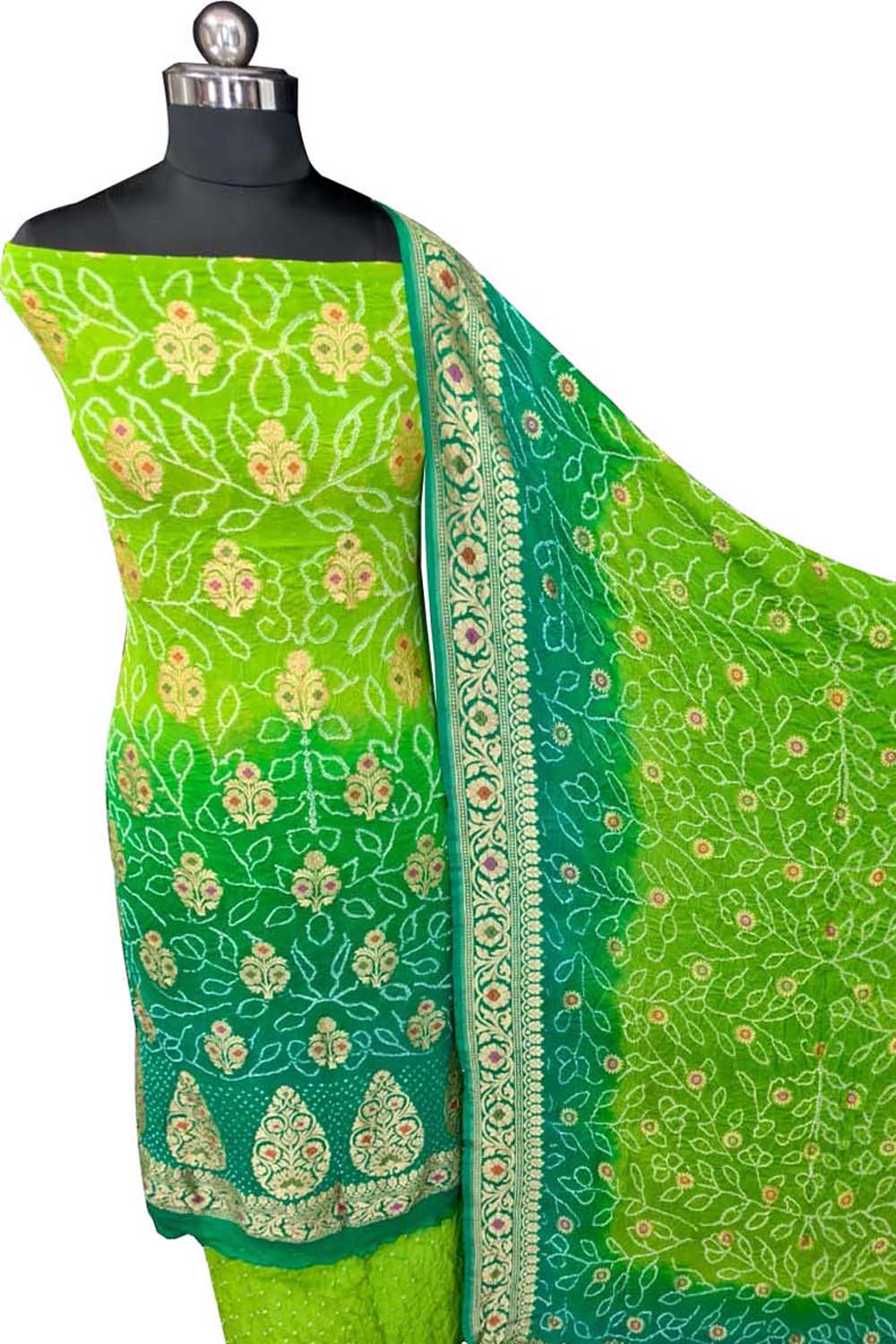 Green Banarasi Bandhani Georgette Meenakari Rai Bandhej Three Piece Suit Festive
