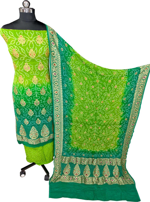 Green Banarasi Bandhani Georgette Meenakari Rai Bandhej Three Piece Suit Festive