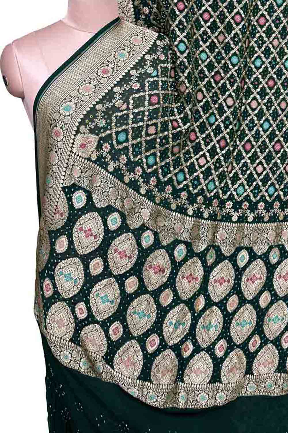 Green Banarasi Bandhani Pure Georgette Saree Neemzari