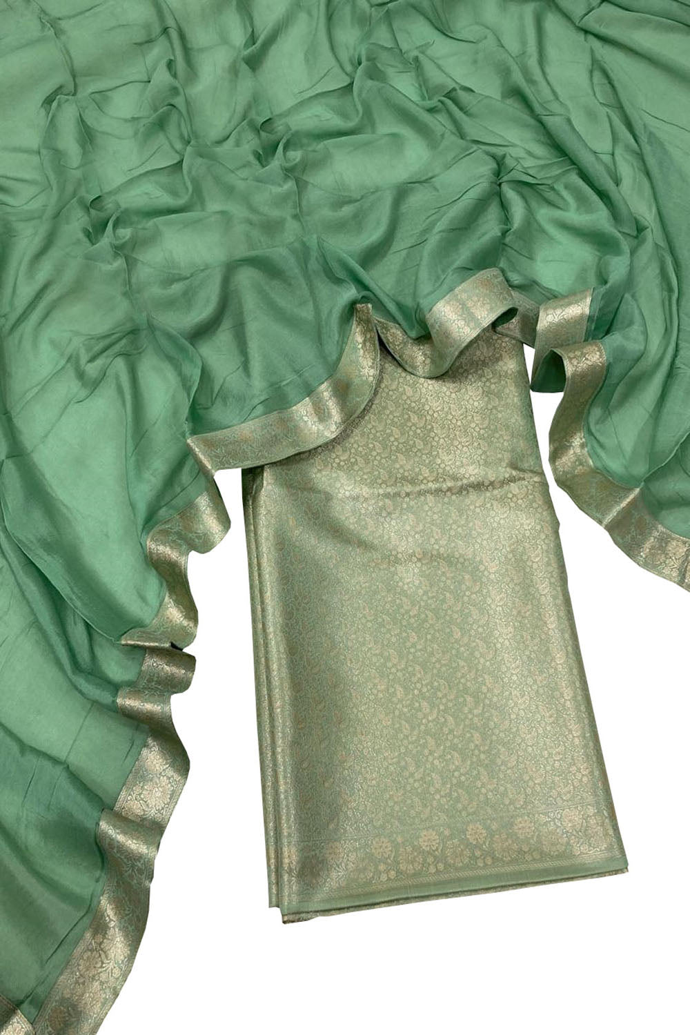 Green Banarasi Brocade With Chiffon Dupatta 3 Piece Suit Set