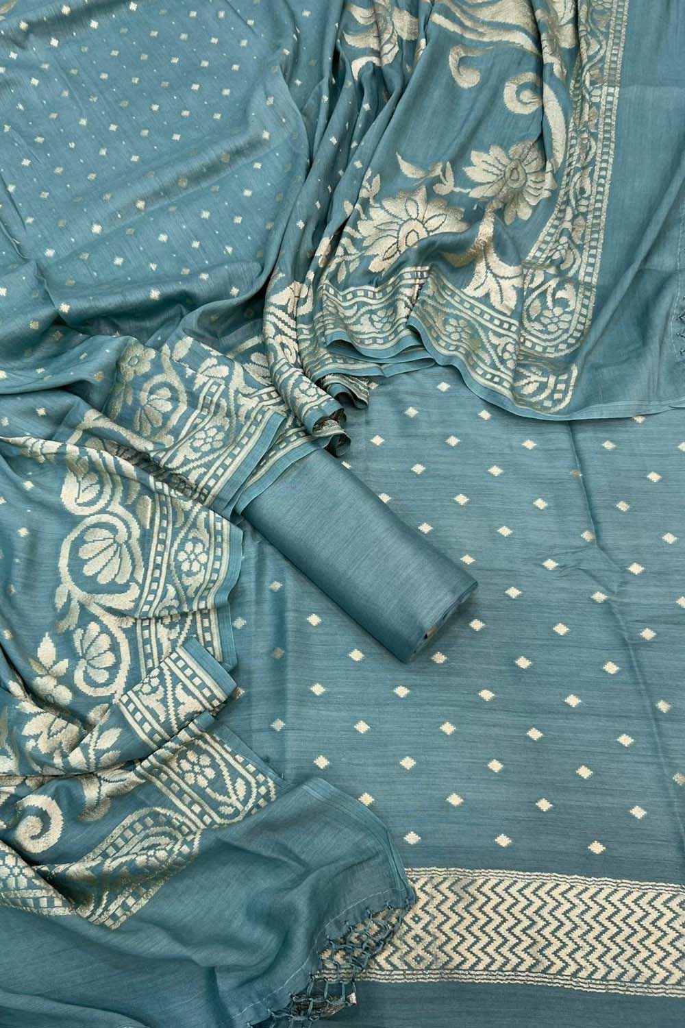 Green Banarasi Chiniya Silk Unstitched Suit Set
