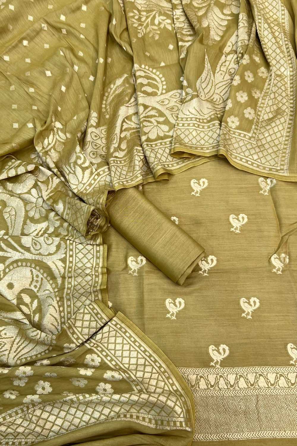 Green Banarasi Chiniya Silk Unstitched Suit Set