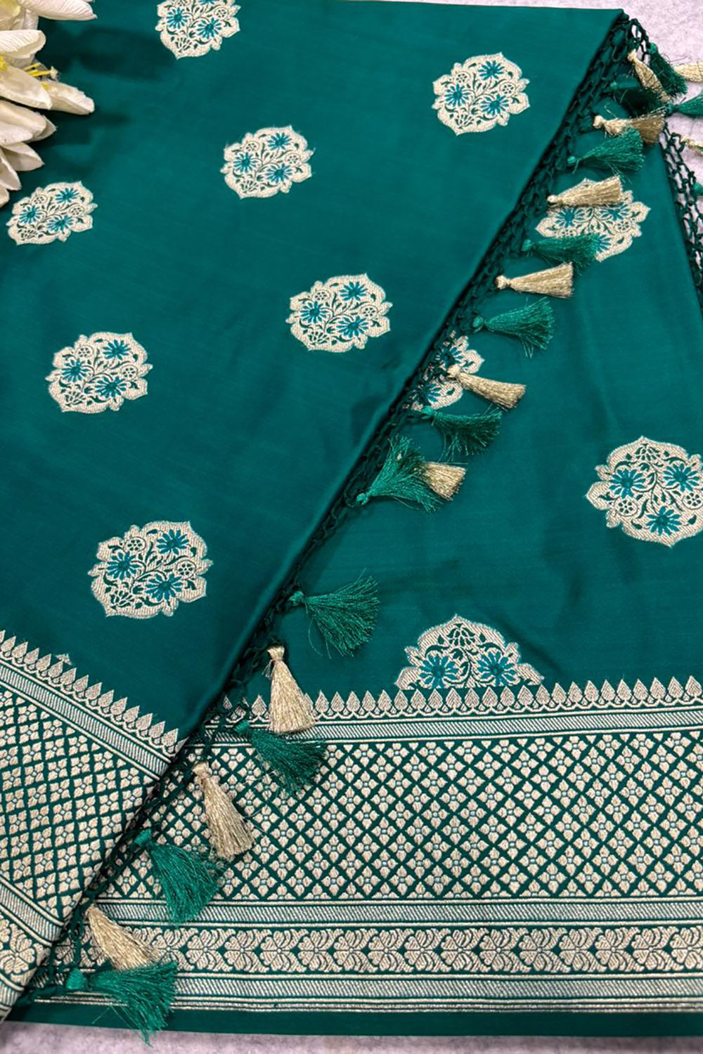 Green Banarasi Mashru Silk Saree — Meenakari Zari Florals, Wedding