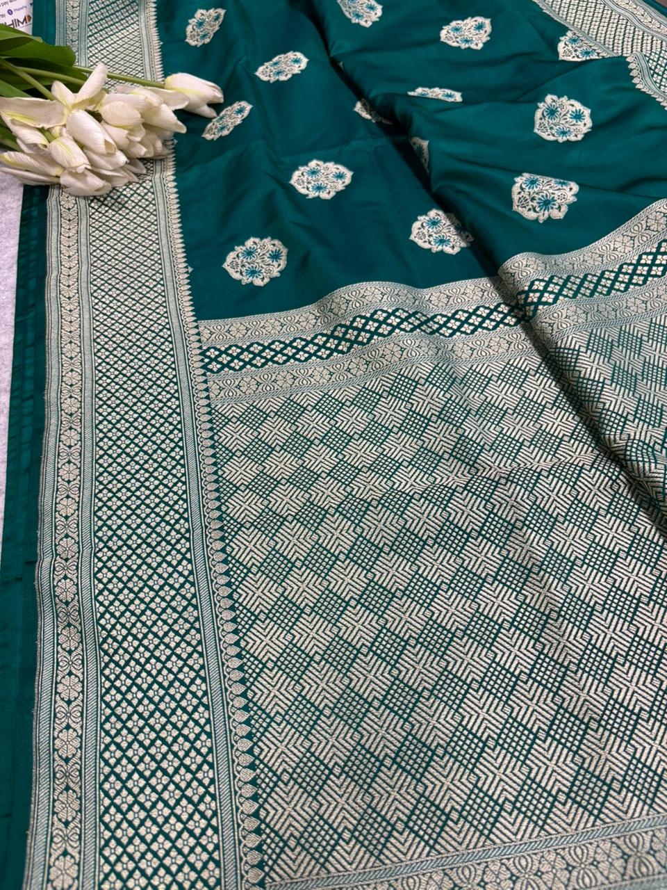 Green Banarasi Mashru Silk Saree — Meenakari Zari Florals, Wedding