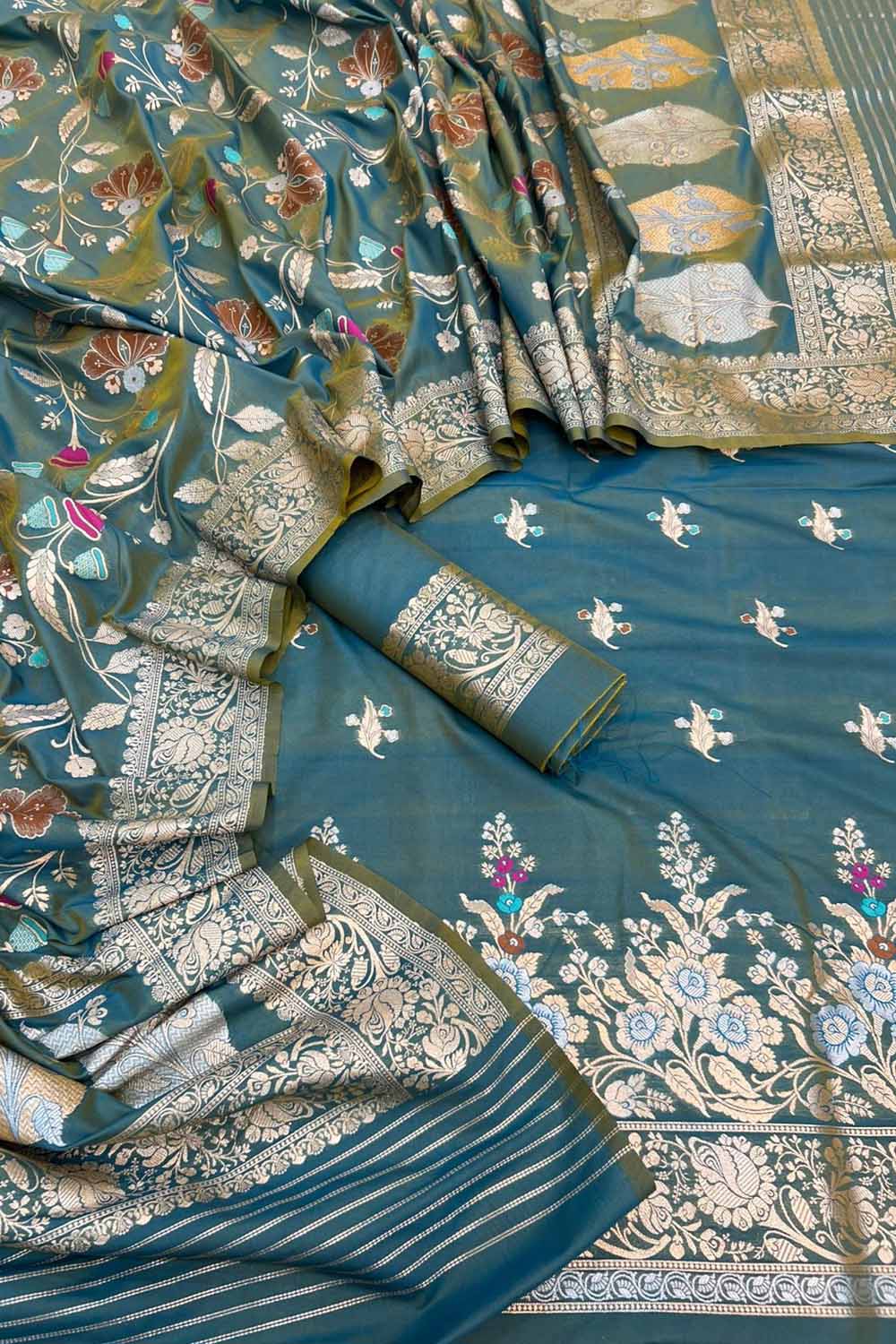 Green Banarasi Meenakari Katan Silk Suit — Jaal Zari Weave, Festive