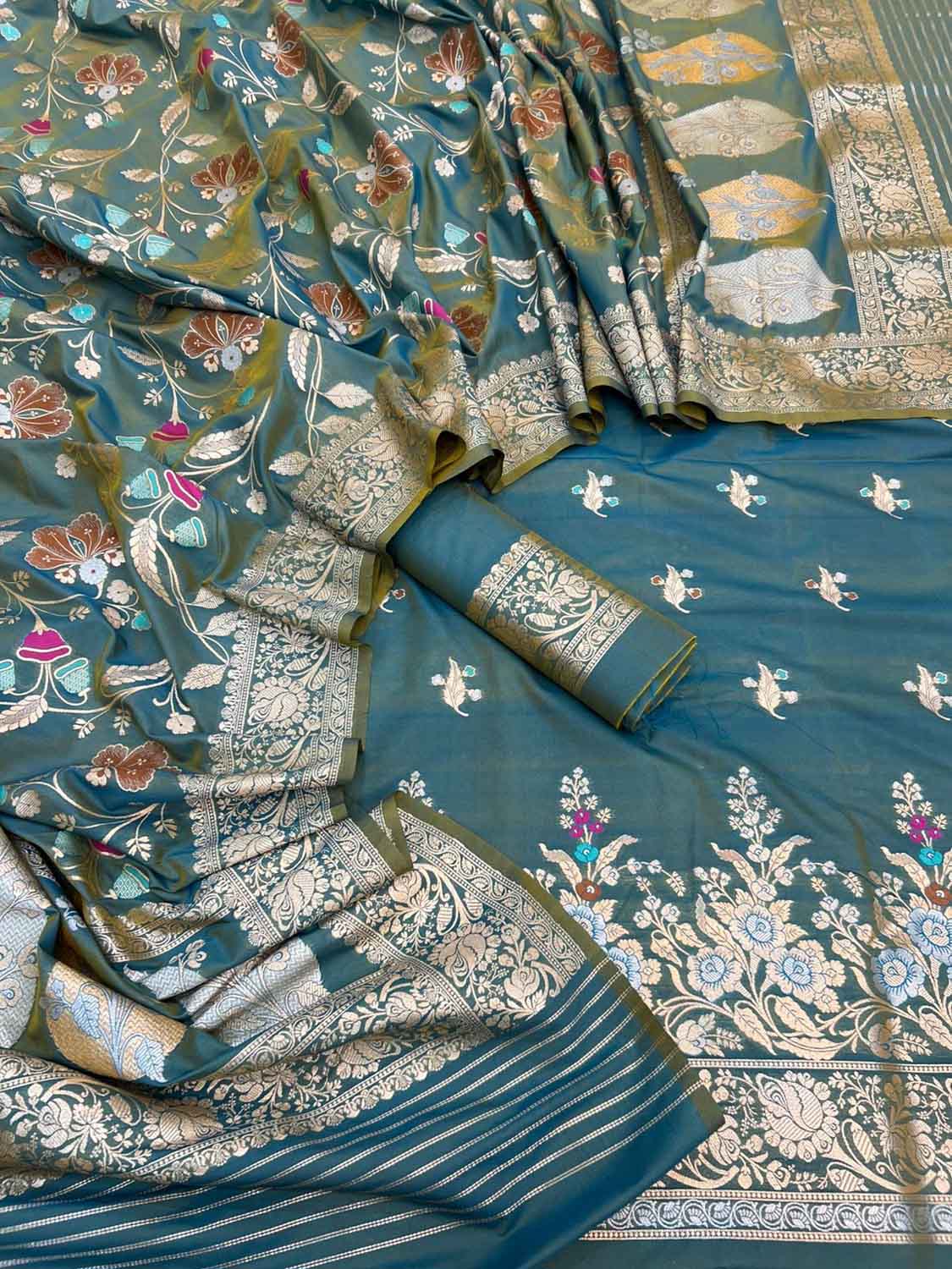 Green Banarasi Meenakari Katan Silk Suit — Jaal Zari Weave, Festive
