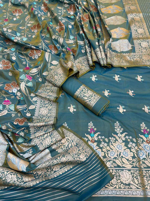 Green Banarasi Meenakari Katan Silk Suit — Jaal Zari Weave, Festive