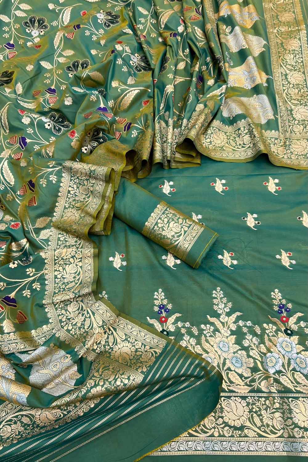 Green Banarasi Meenakari Katan Silk Suit — Meena Buti Zari, Festive