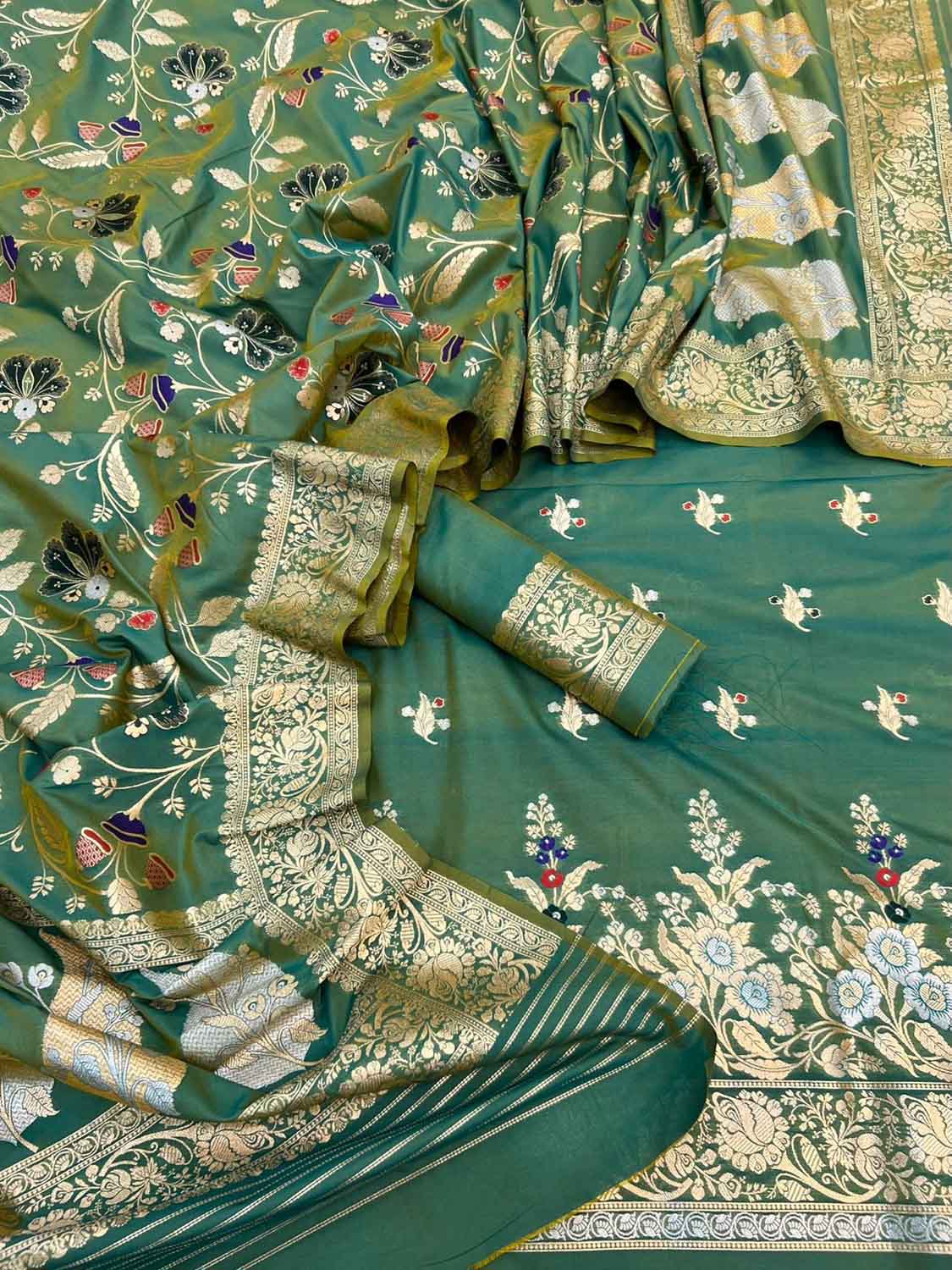 Green Banarasi Meenakari Katan Silk Suit — Meena Buti Zari, Festive