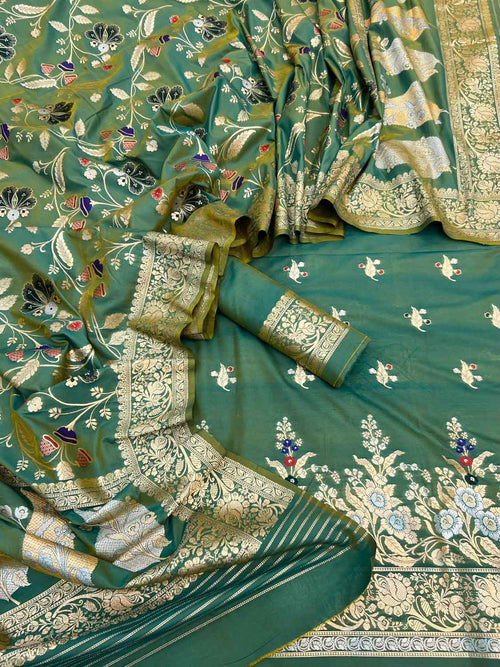 Green Banarasi Meenakari Katan Silk Suit — Meena Buti Zari, Festive