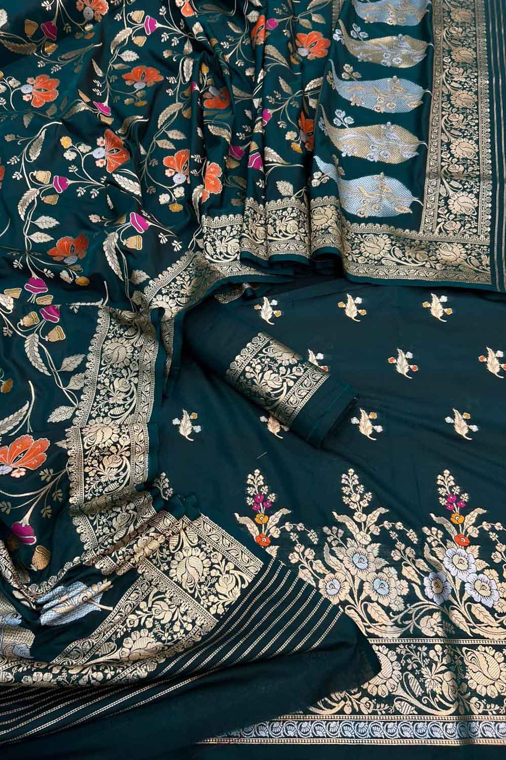Green Banarasi Meenakari Katan Silk Suit — Zari Floral Border, Festive