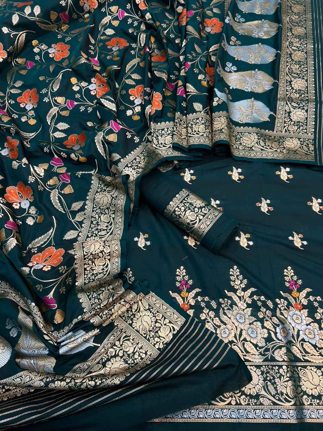Green Banarasi Meenakari Katan Silk Suit — Zari Floral Border, Festive