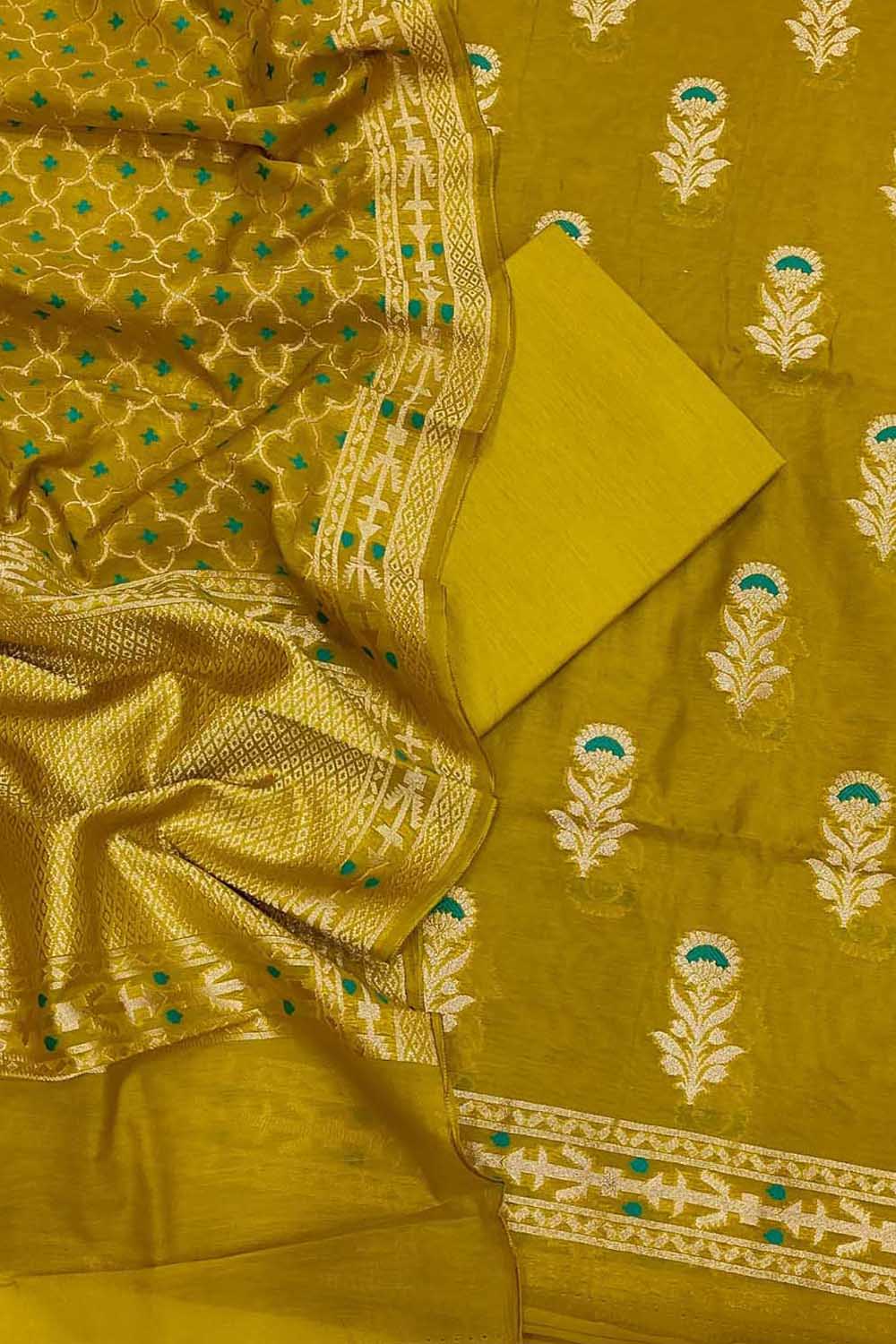 Green Banarasi Semi Cotton Three Piece Unstitched Suit Set