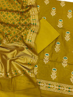 Green Banarasi Semi Cotton Three Piece Unstitched Suit Set