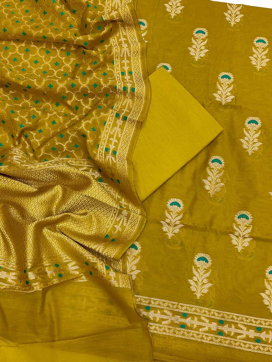 Green Banarasi Semi Cotton Three Piece Unstitched Suit Set