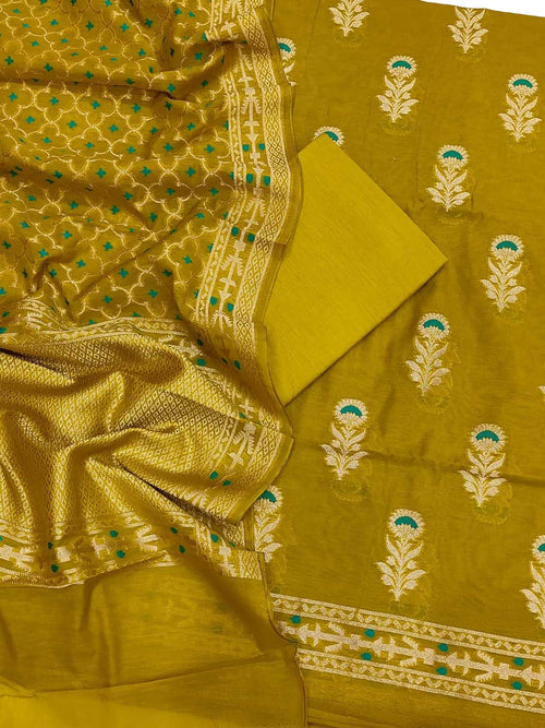 Green Banarasi Semi Cotton Three Piece Unstitched Suit Set