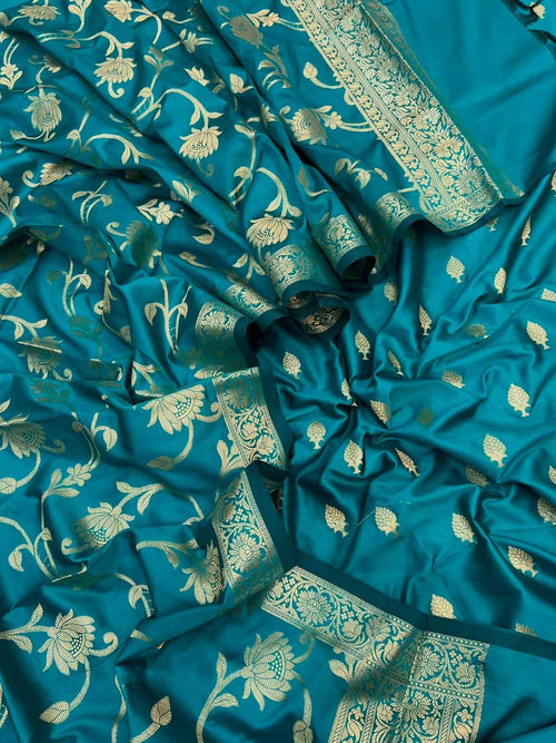 Green Banarasi Silk Three Piece Unstitched Suit Set