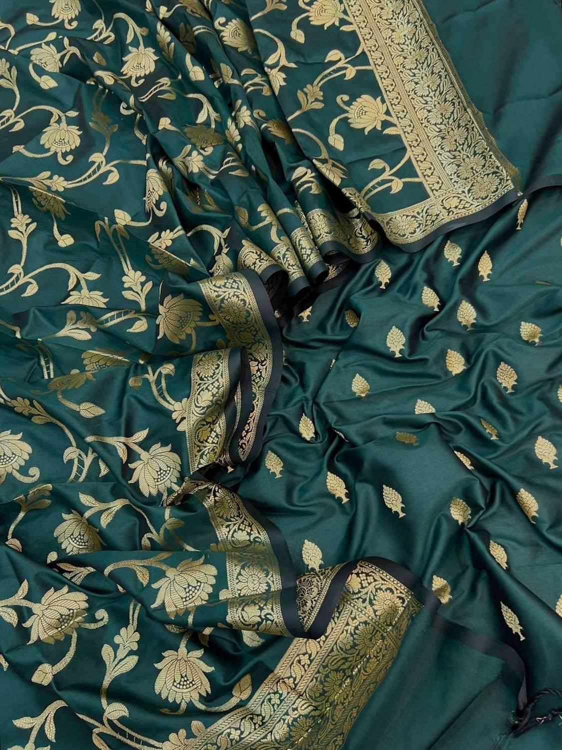 Green Banarasi Silk Three Piece Unstitched Suit Set