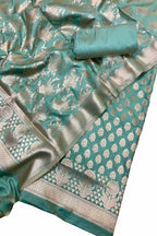Green Banarasi Silk Unstitched Suit Set Three Piece Festive Wear