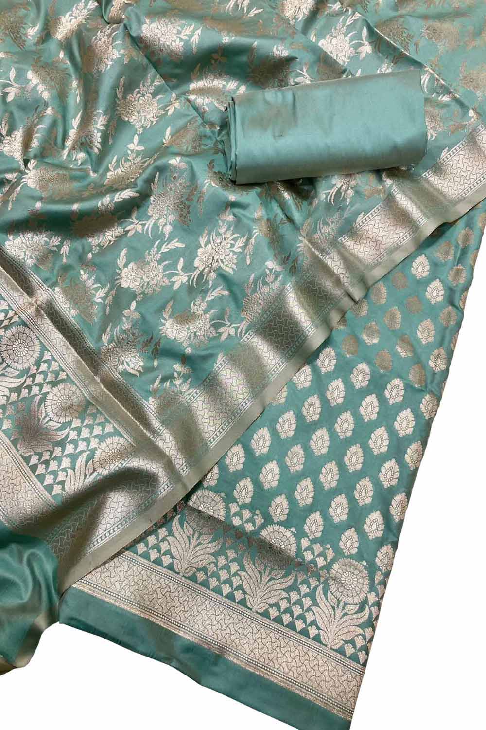 Green Banarasi Silk Unstitched Suit Set Three Piece Festive Wear