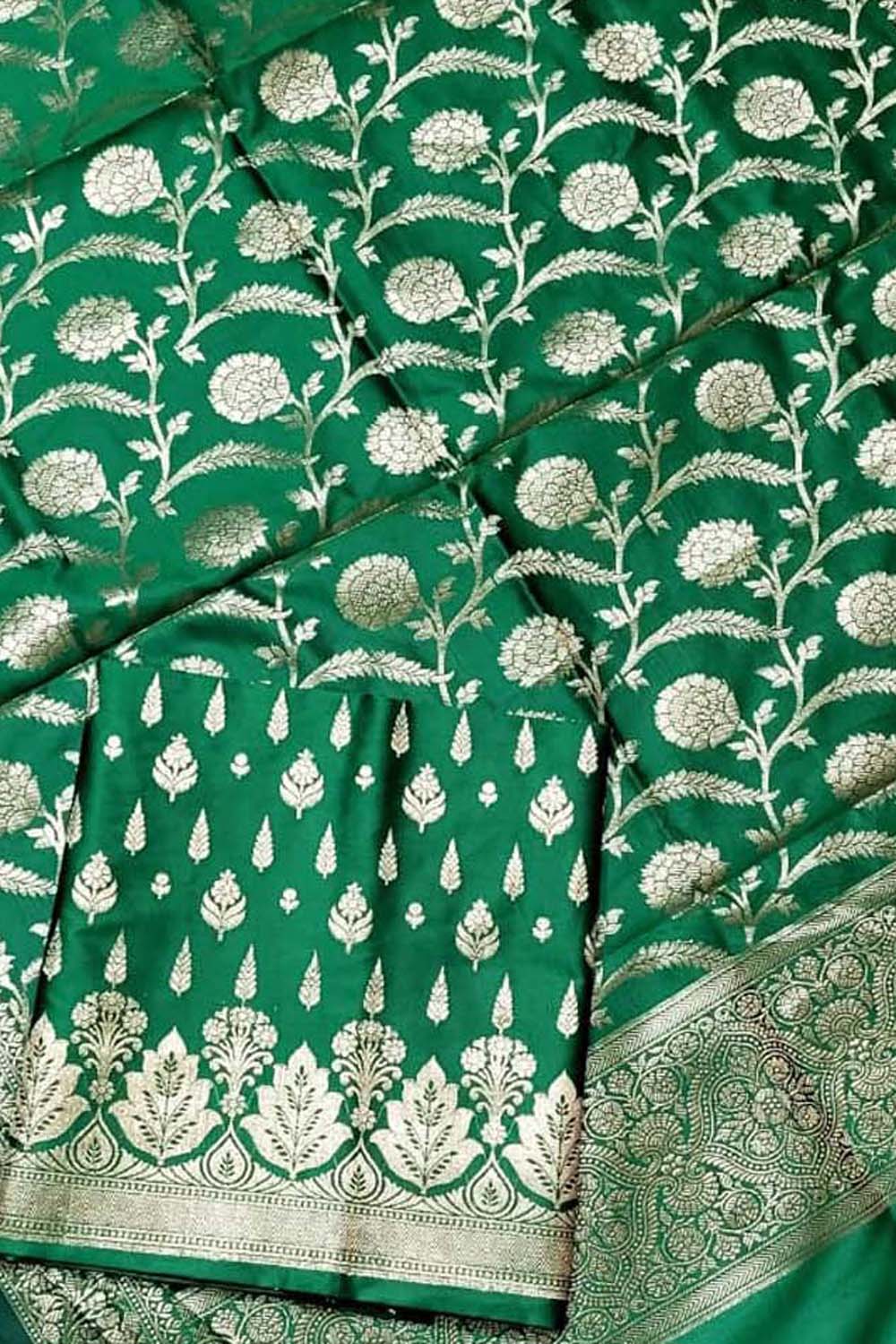 Green Banarasi Silk Three Piece Unstitched Suit Set