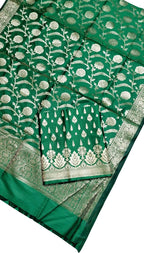 Green Banarasi Silk Three Piece Unstitched Suit Set