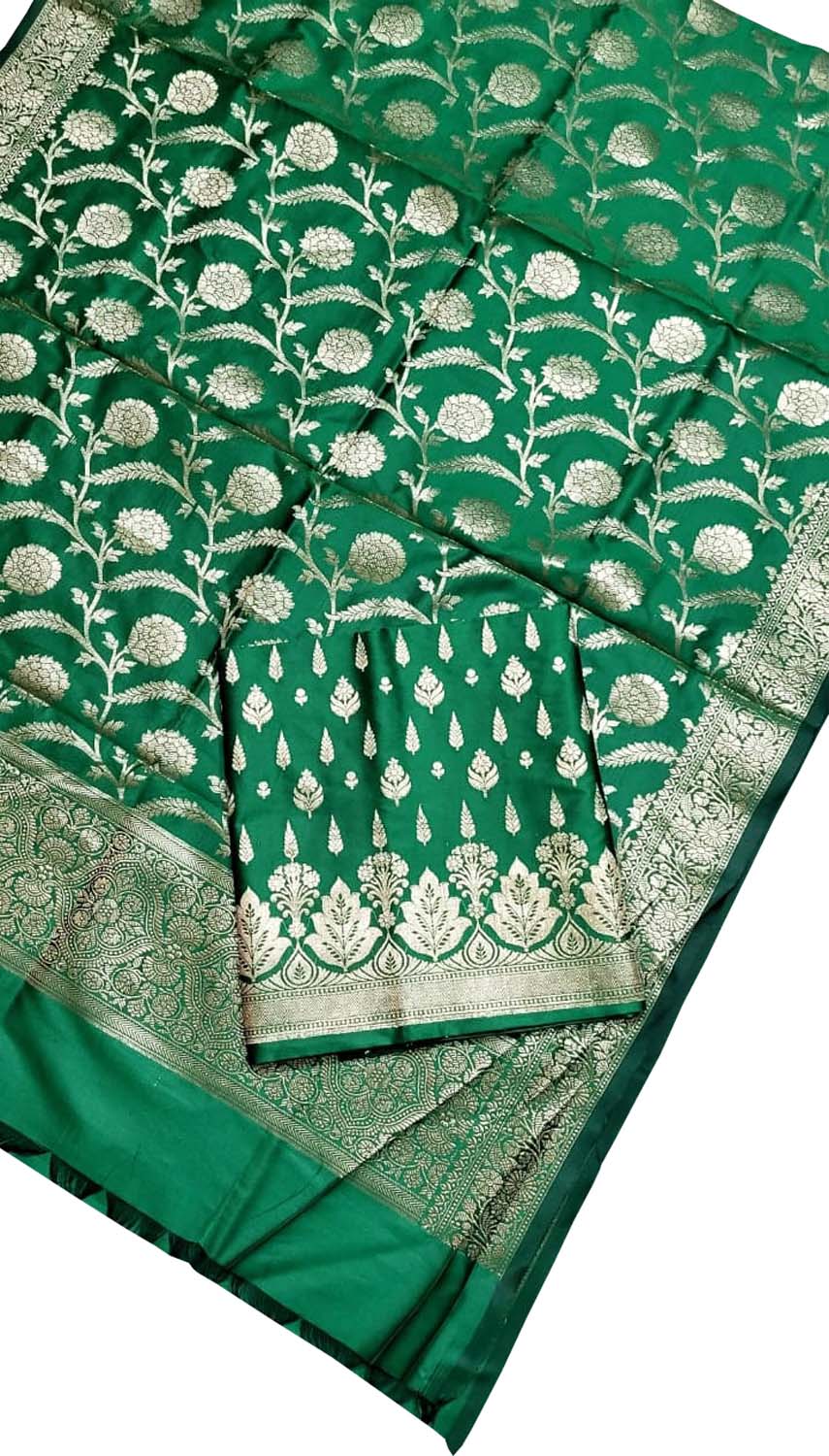 Green Banarasi Silk Three Piece Unstitched Suit Set