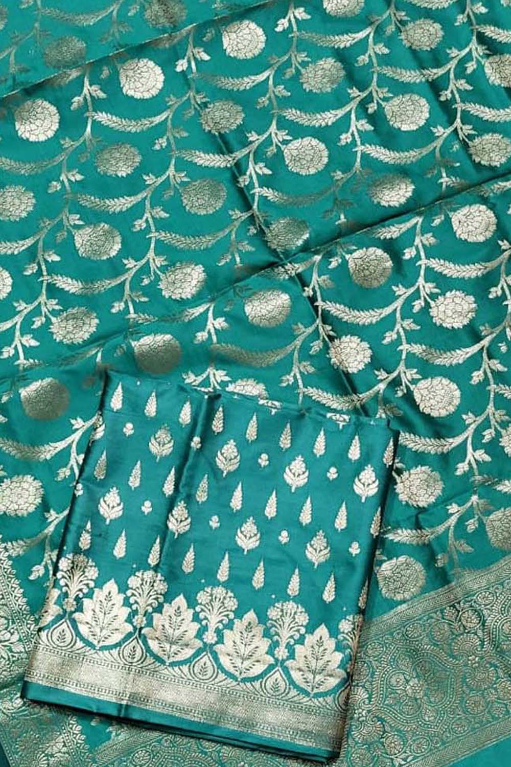 Green Banarasi Silk Three Piece Unstitched Suit Set