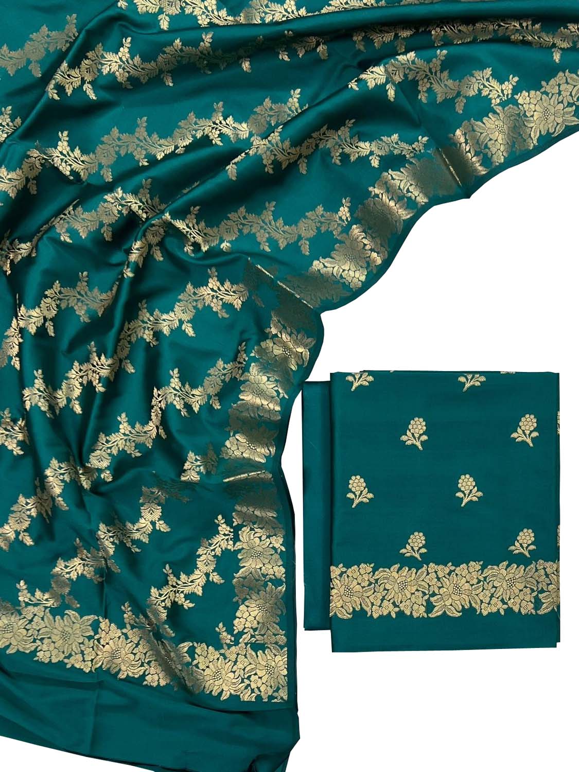 Green Banarasi Silk Three Piece Unstitched Suit Set