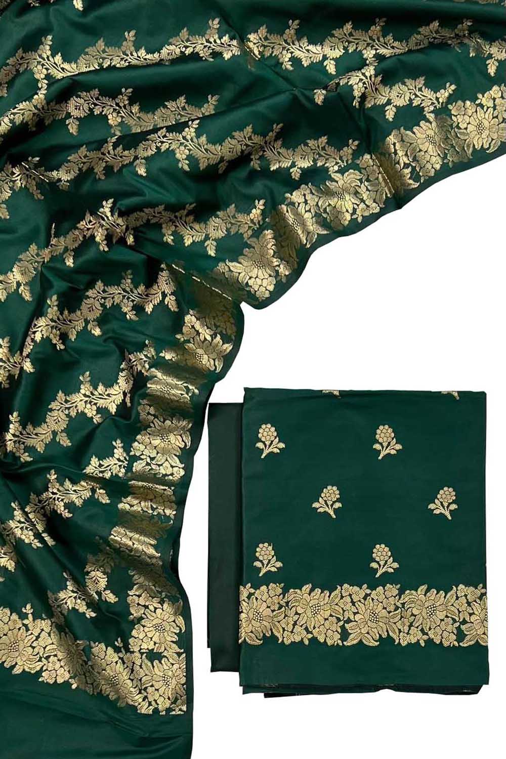Green Banarasi Silk Three Piece Unstitched Suit Set