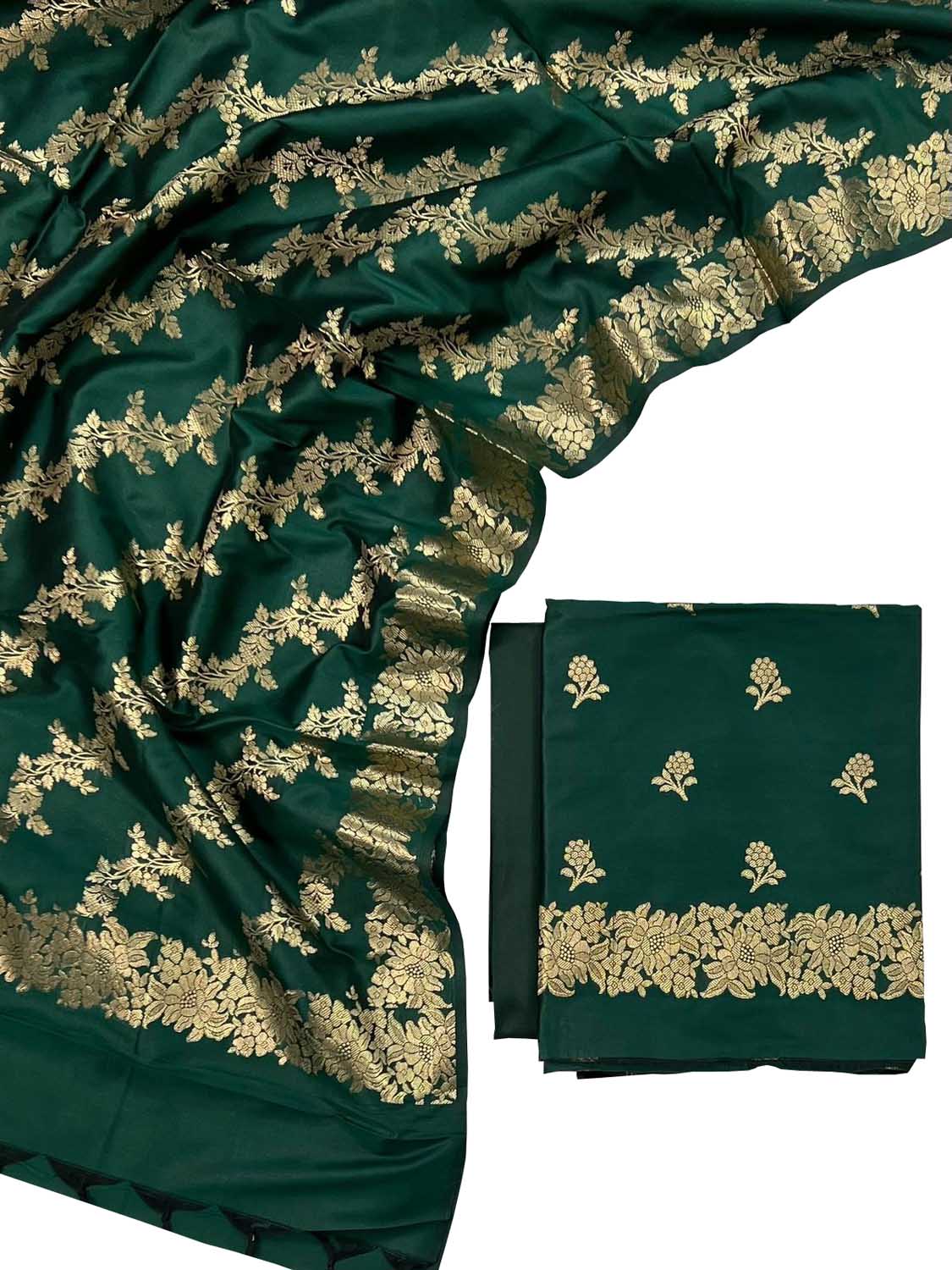 Green Banarasi Silk Three Piece Unstitched Suit Set