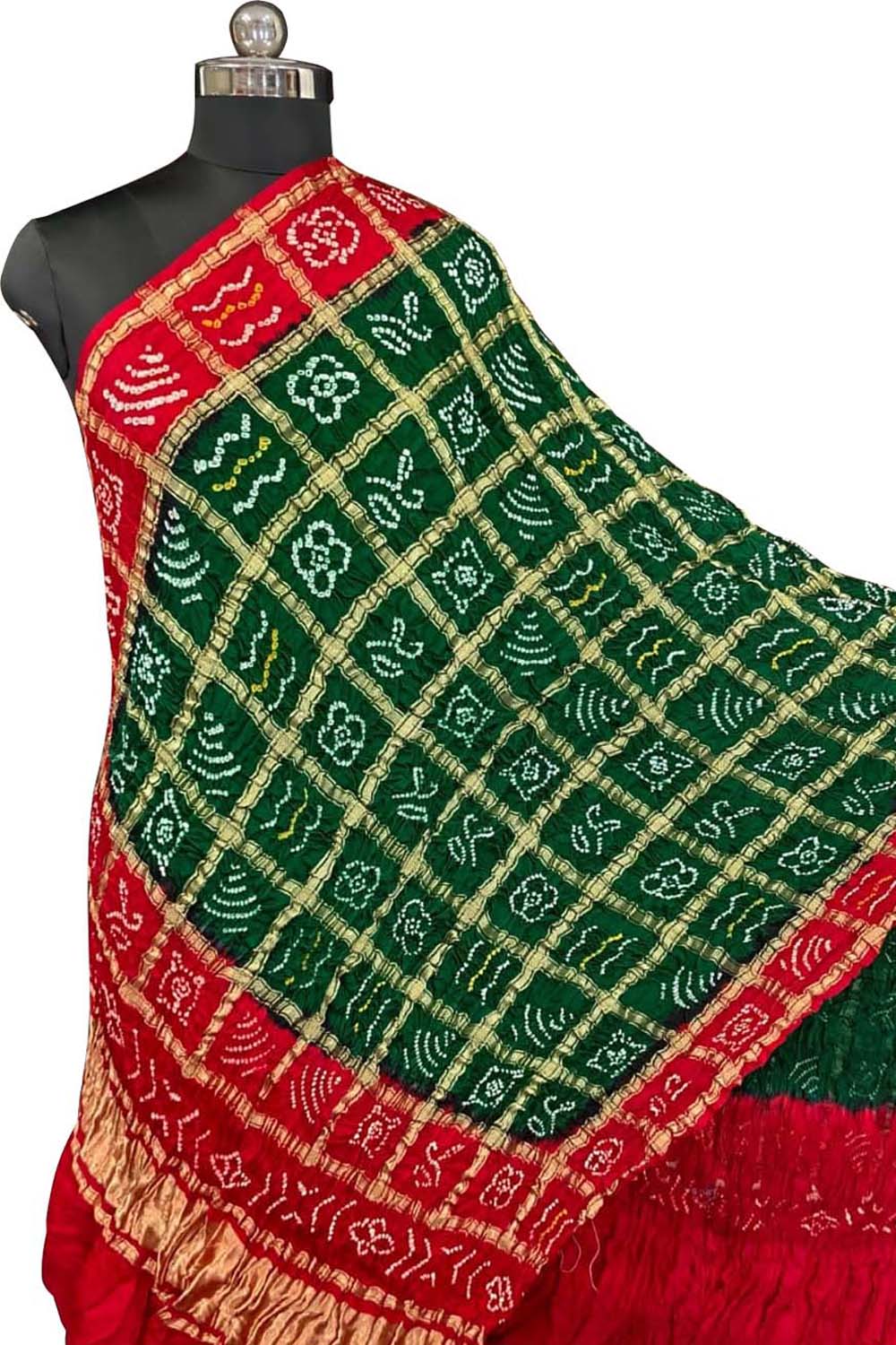 Green Bandhani Gajji Silk Checks Design Dupatta