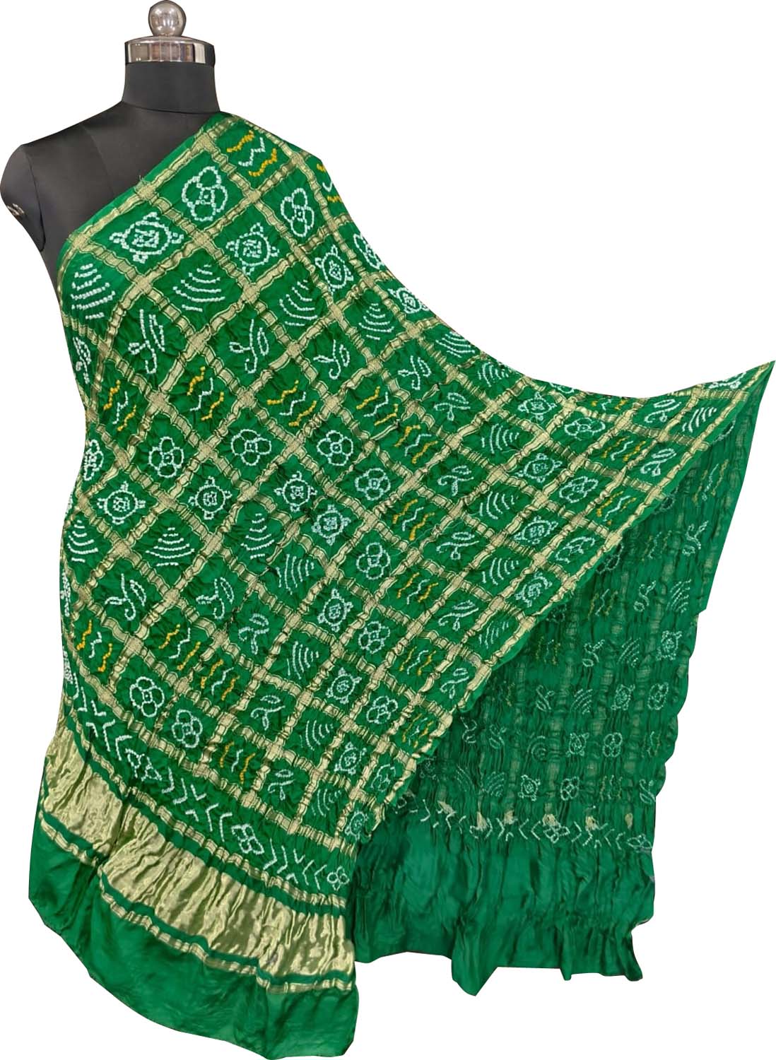 Green Bandhani Gajji Silk Checks Design Dupatta