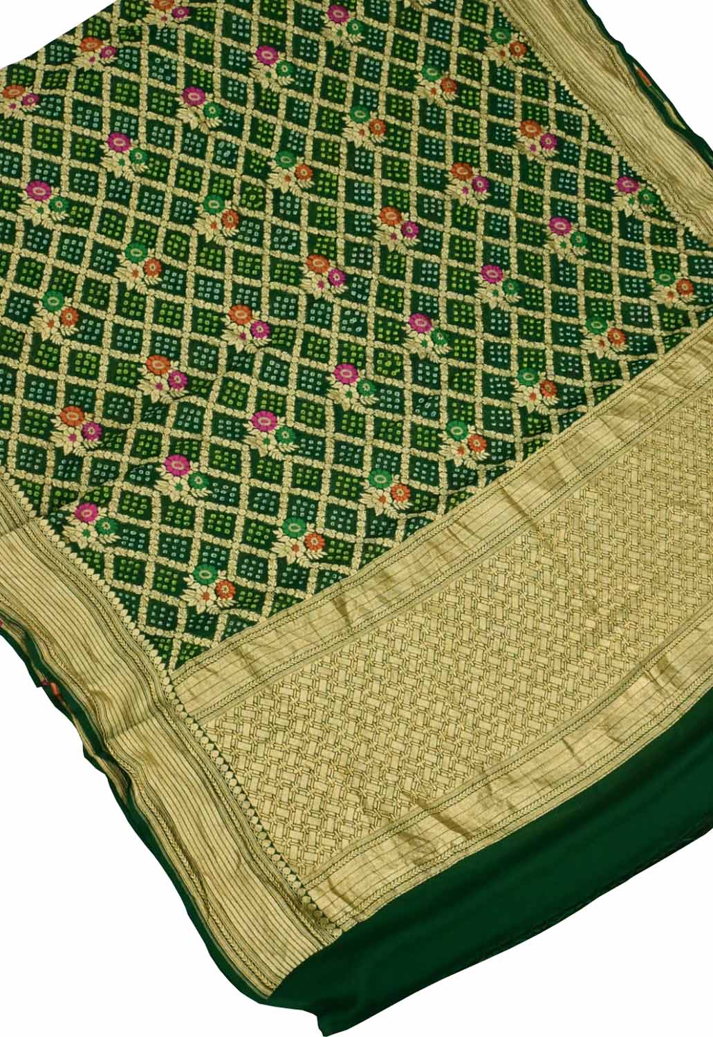 Green Bandhani Georgette Three Piece Unstitched Suit With Meenakari Dupatta