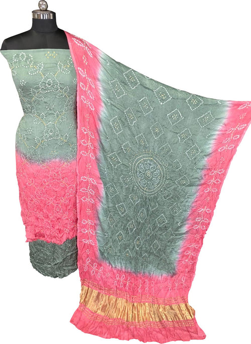 Green Bandhani Modak Silk Three Piece Unstitched Suit Set