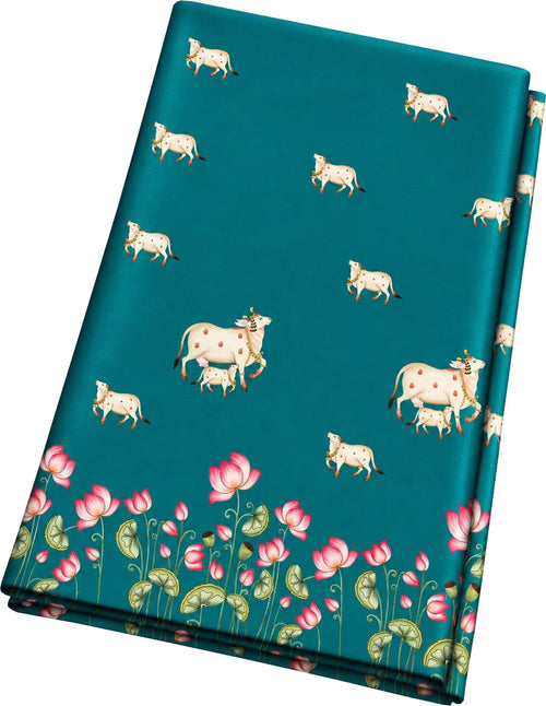 Green Digital Pichwai Printed Modal Satin Fabric