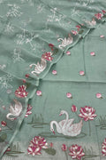 Green Parsi Gara Cotton Suit — Embroidered Swan Design, Festive