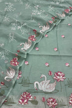 Green Parsi Gara Cotton Suit — Embroidered Swan Design, Festive