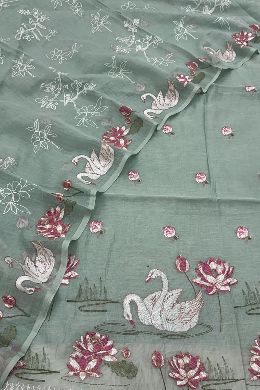 Green Parsi Gara Cotton Suit — Embroidered Swan Design, Festive
