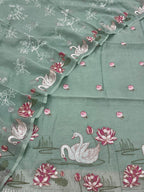 Green Parsi Gara Cotton Suit — Embroidered Swan Design, Festive