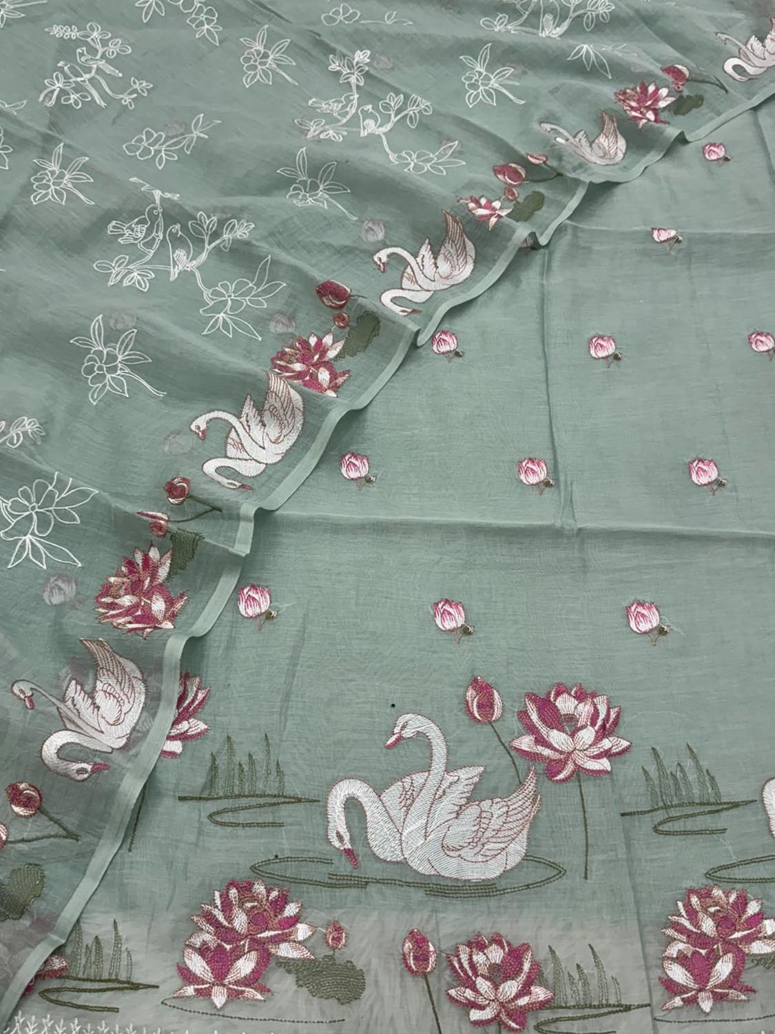 Green Parsi Gara Cotton Suit — Embroidered Swan Design, Festive